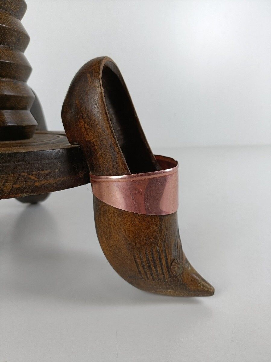 Vintage Pedestal Plant Stand Hand Carved Wood Wooden Shoes Folk Art Funky photo buy