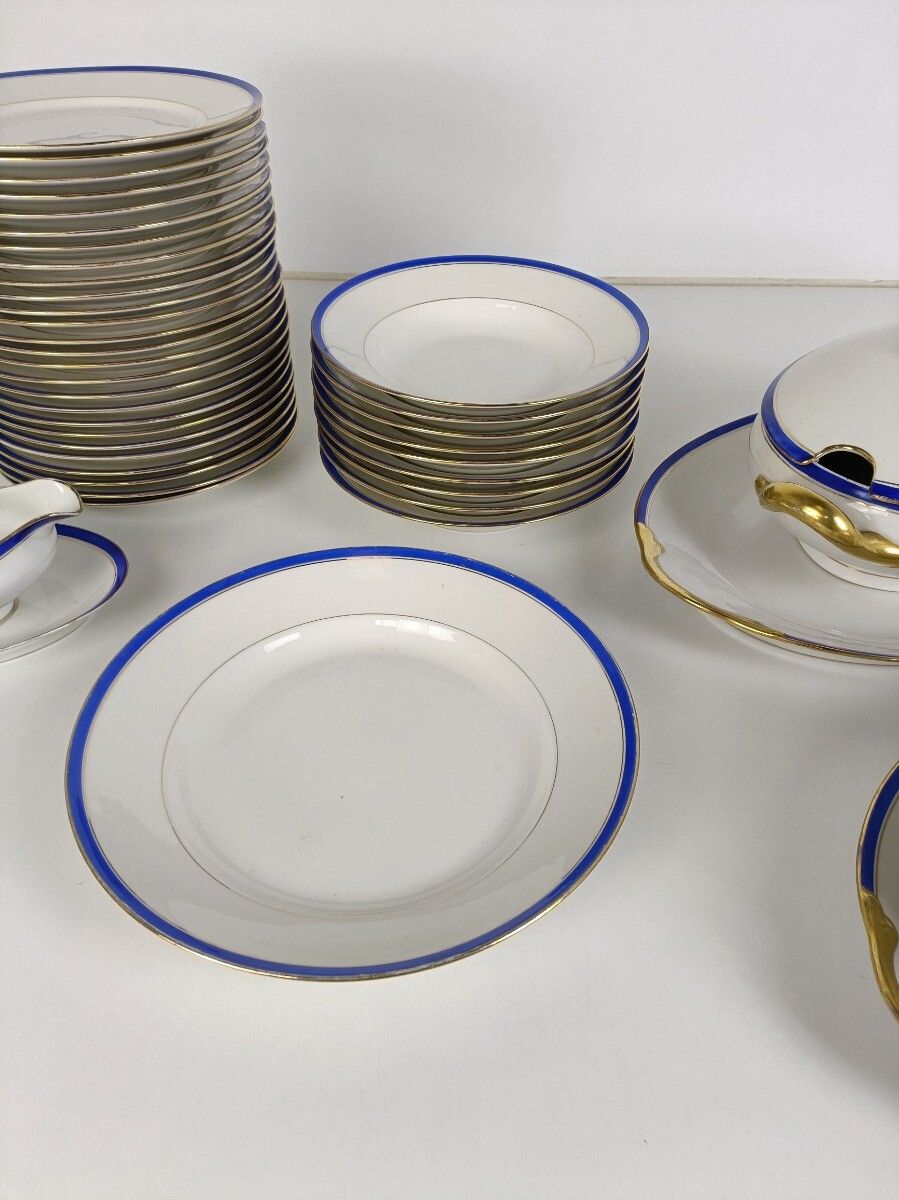 Art Deco China Limoges France White Gold Cobalt Blue Emile Madesclaire 39 Pieces photo for sale