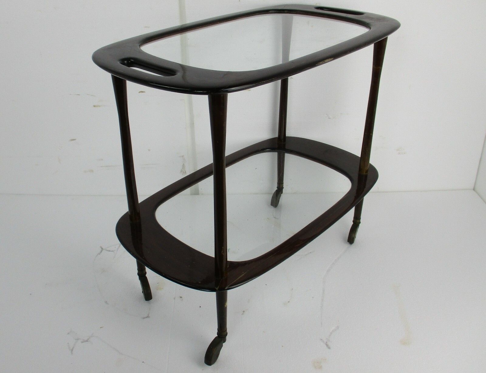 Bar Cocktail Tea Garden Cart Trolley Mid Century Modern Oval  Wood Glass Top photo buy