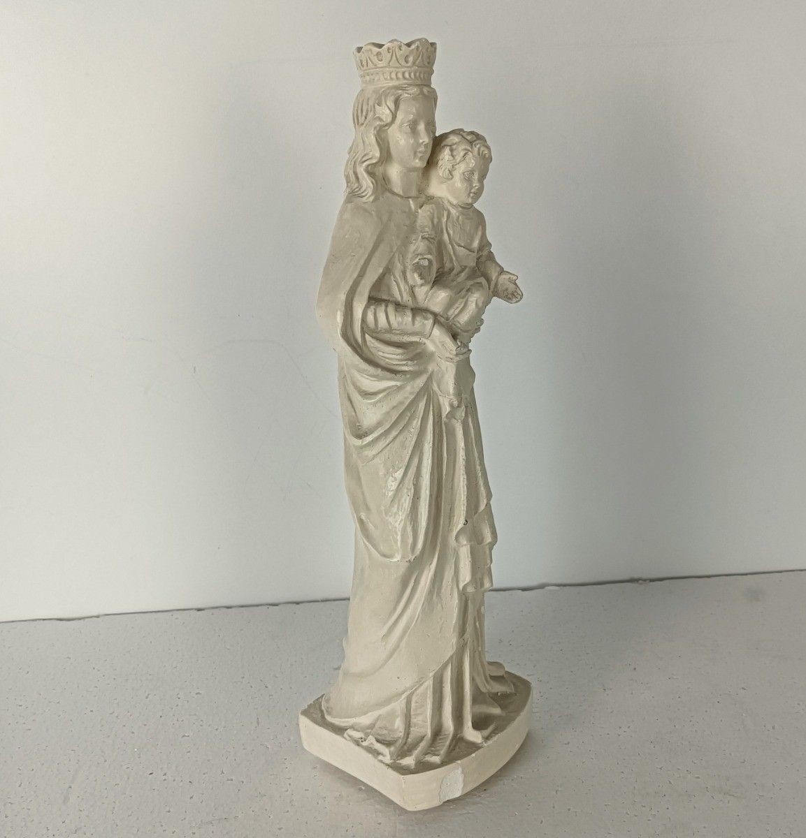 Vintage Statue Plaster Heavy White Virgin Mary Madonna With Infant photo for sale