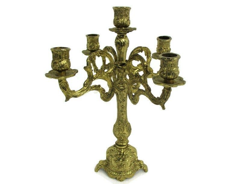 Gorgeous Brass Ornate Embossed Candle Holder Stick Candelabra 5 Arm  Lovely Vint