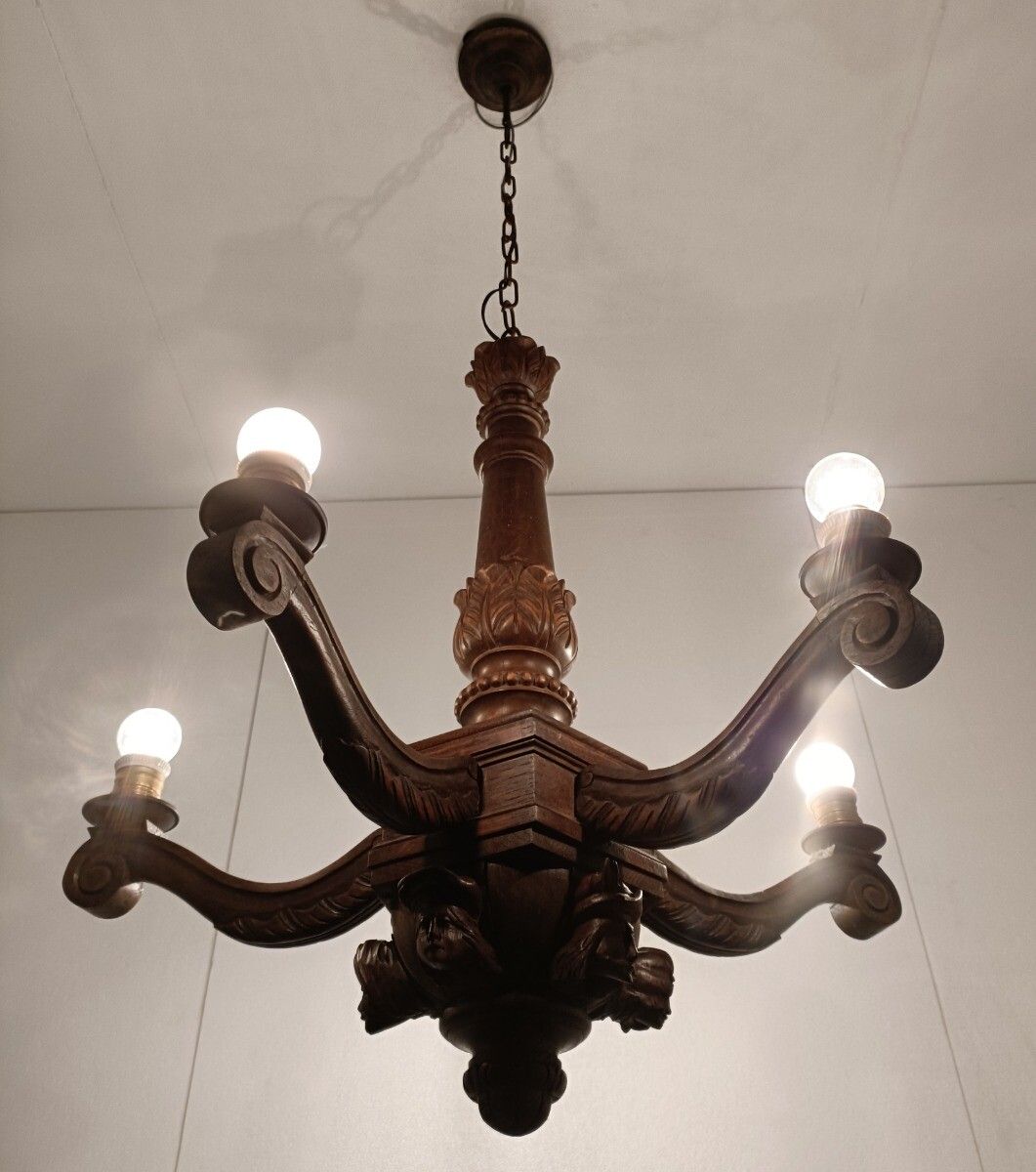 Gorgeous Hand Carved Wooden Breton Chandelier Faces Sculptures 5 Arm Lights Vint photo for sale