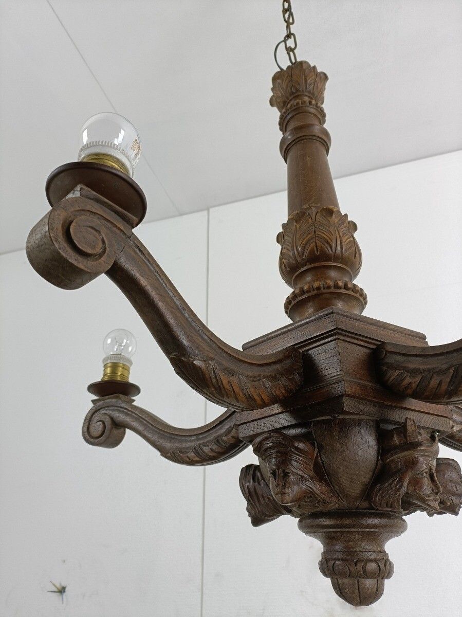 Gorgeous Hand Carved Wooden Breton Chandelier Faces Sculptures 5 Arm Lights Vint photo vinterior