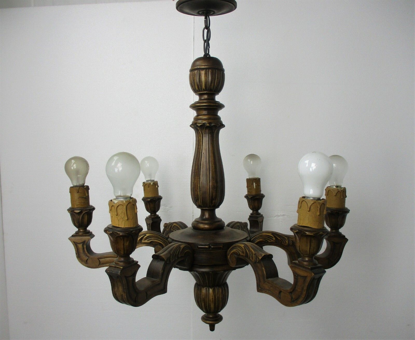 Hand Carved Wooden Chandelier Ornate  6 Arm Lights Country Farmhouse Barn Style photo for sale