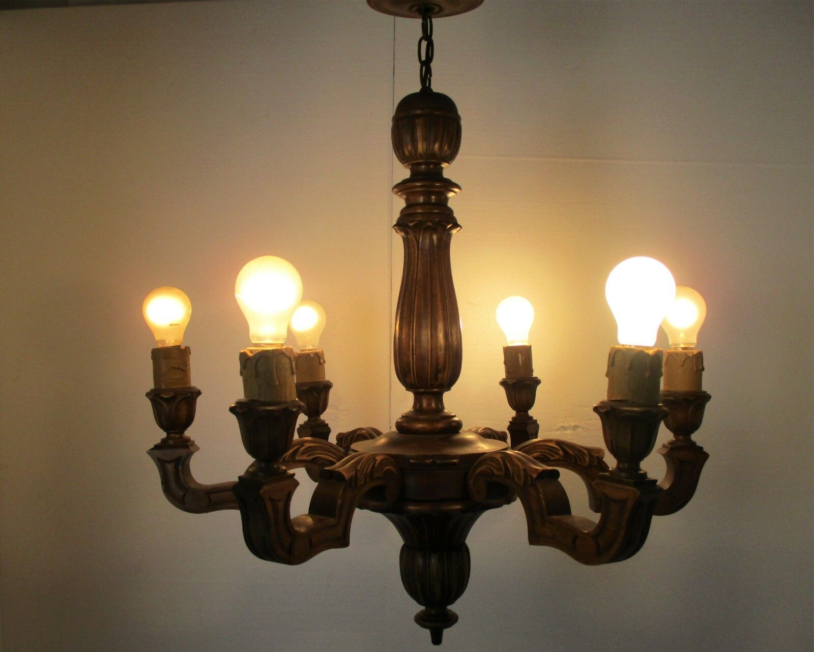 Hand Carved Wooden Chandelier Ornate  6 Arm Lights Country Farmhouse Barn Style photo vinterior