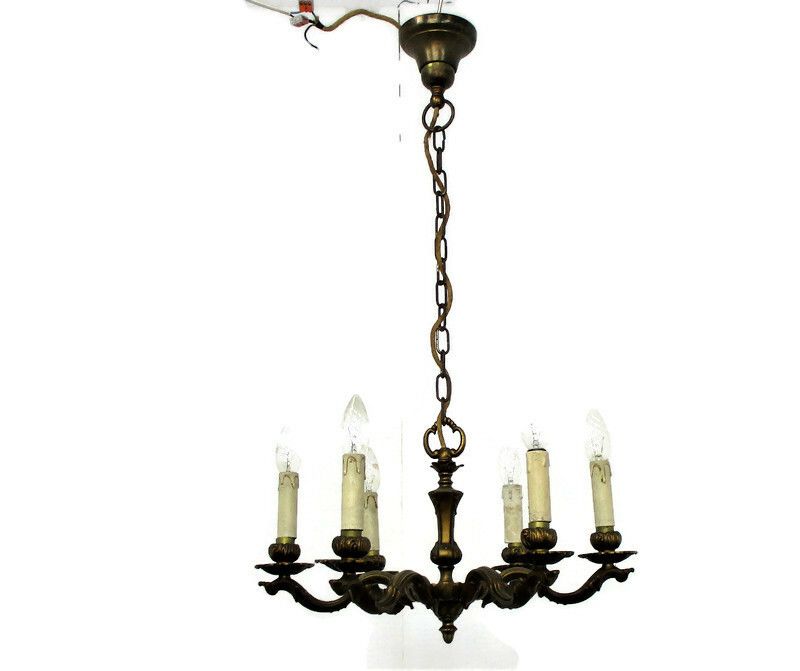 Vintage Chandelier Bronze  6 Arms Hollywood Regency Style Ornate Ceiling Fixture