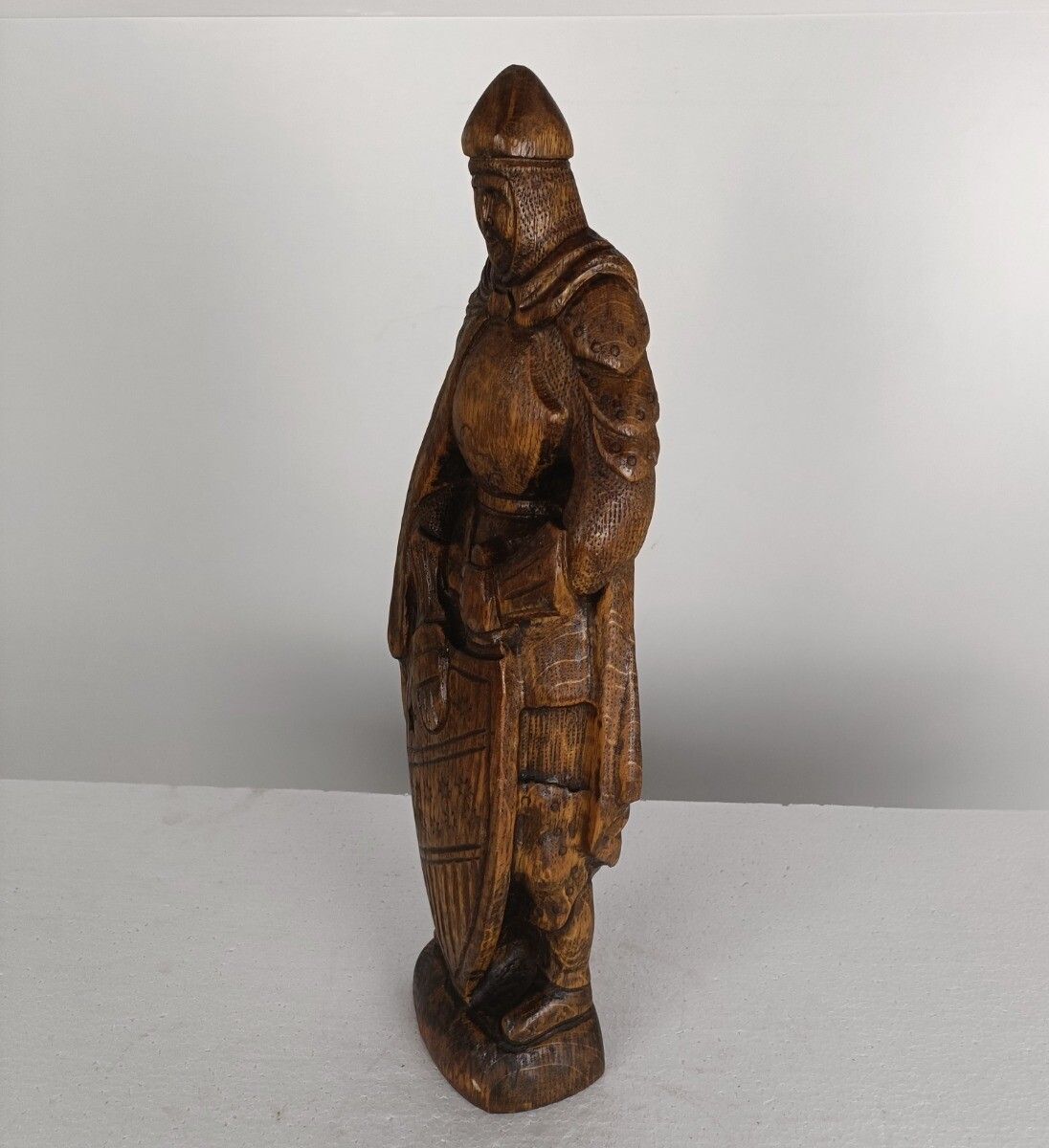 Sculpture Knight With Shield Hand Carved Wood, Figurine Vintage photo furniture