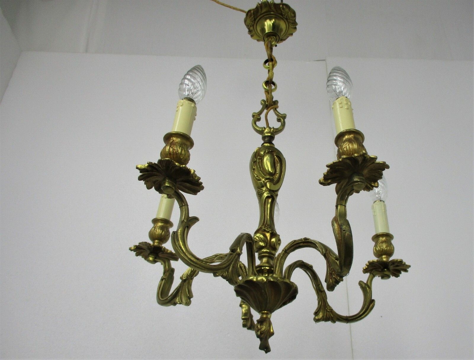 French Chandelier 5 Arms Lights Brass  Hollywood Regency Ornate Etched Brass photo for sale