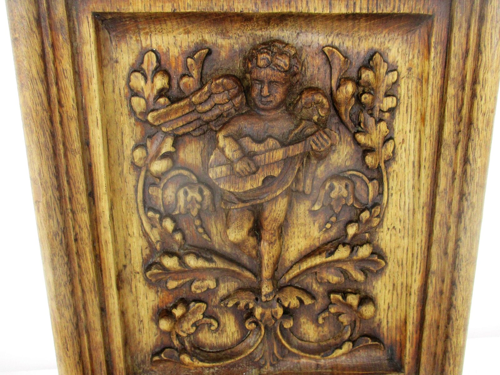 Angel Playing Musical Instrument Hand Carved Wood Wall Panel Bas High Relief Tab photo for sale