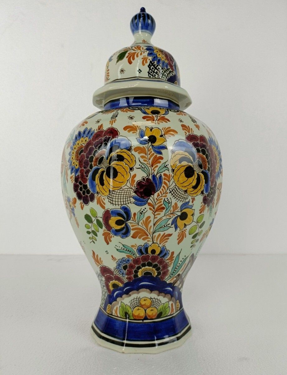 photo furniture Polychrome Delft  Vase Urn Marked  Foo Dog  Porcelain Ceramic Hand Painted Vinta