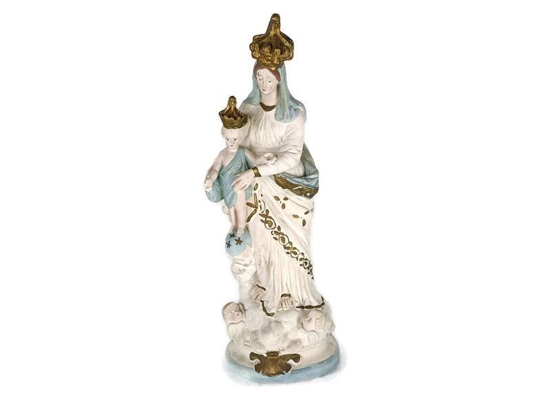 Antique Neo Gothic Statue Plaster Polychrome Our Lady Of Victory With Infant Ang