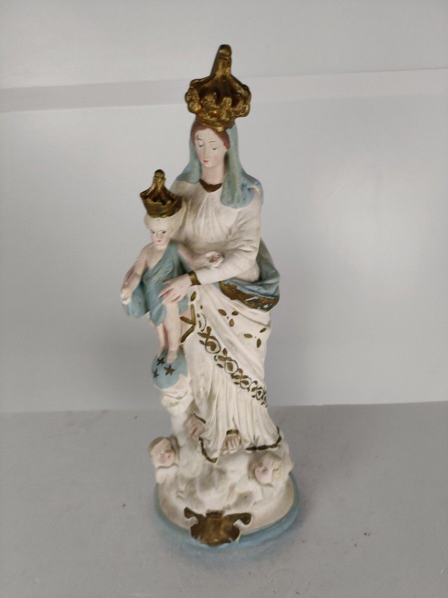 Antique Neo Gothic Statue Plaster Polychrome Our Lady Of Victory With Infant Ang photo furniture