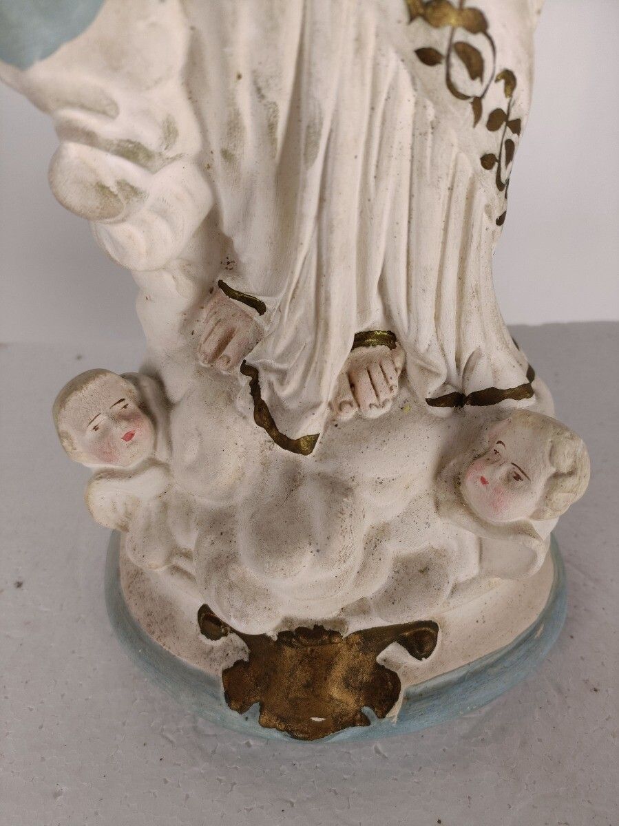 Antique Neo Gothic Statue Plaster Polychrome Our Lady Of Victory With Infant Ang photo Art