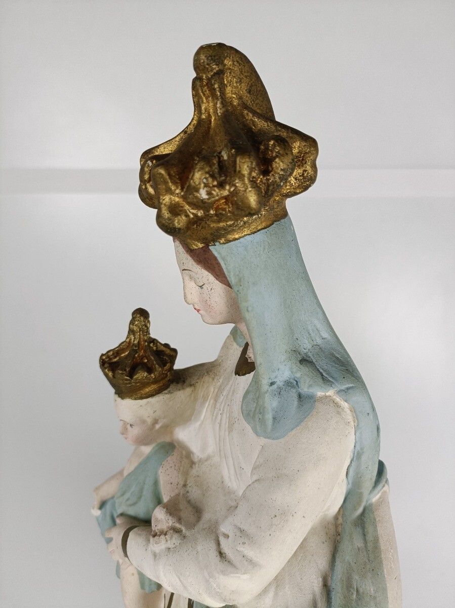 photo for sale Antique Neo Gothic Statue Plaster Polychrome Our Lady Of Victory With Infant Ang