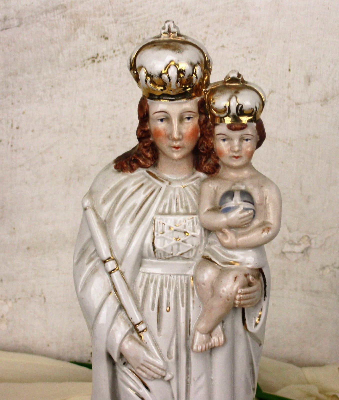 Antique Porcelain Statue Figurine Virgin Mary Our Lady With Infant Child Htf photo furniture