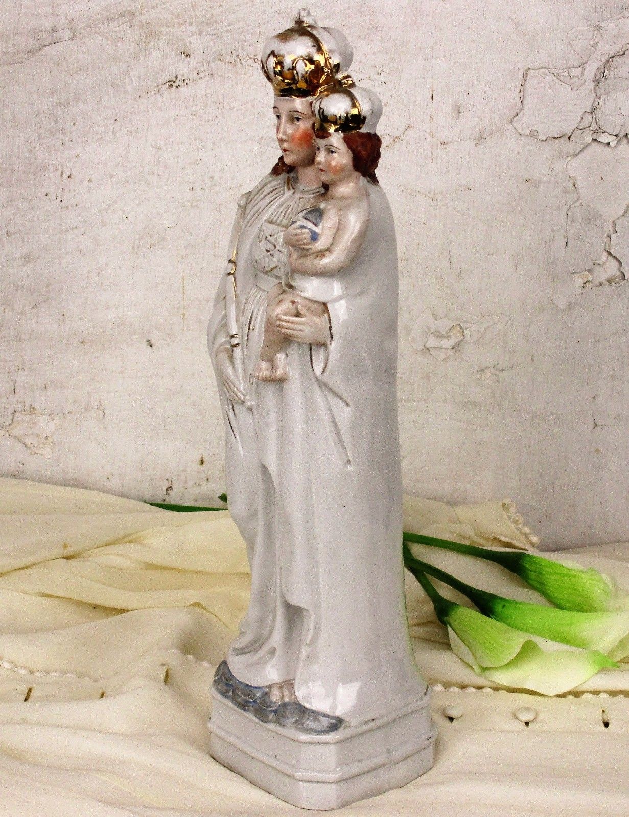 Antique Porcelain Statue Figurine Virgin Mary Our Lady With Infant Child Htf photo Art