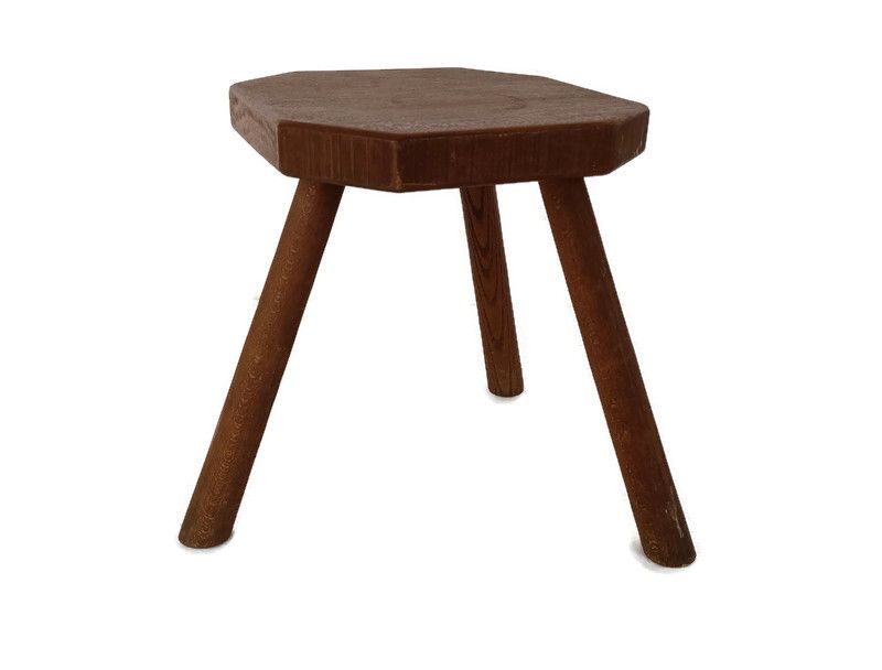 Vintage Hand Carved Wood Tripod Milking Stool Square Top Pedestal Table Pedestal