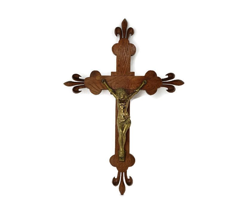 Xl Hand Carved Wood French Hanging Ornate Crucifix Jesus Christ Fleur De Lis Spe