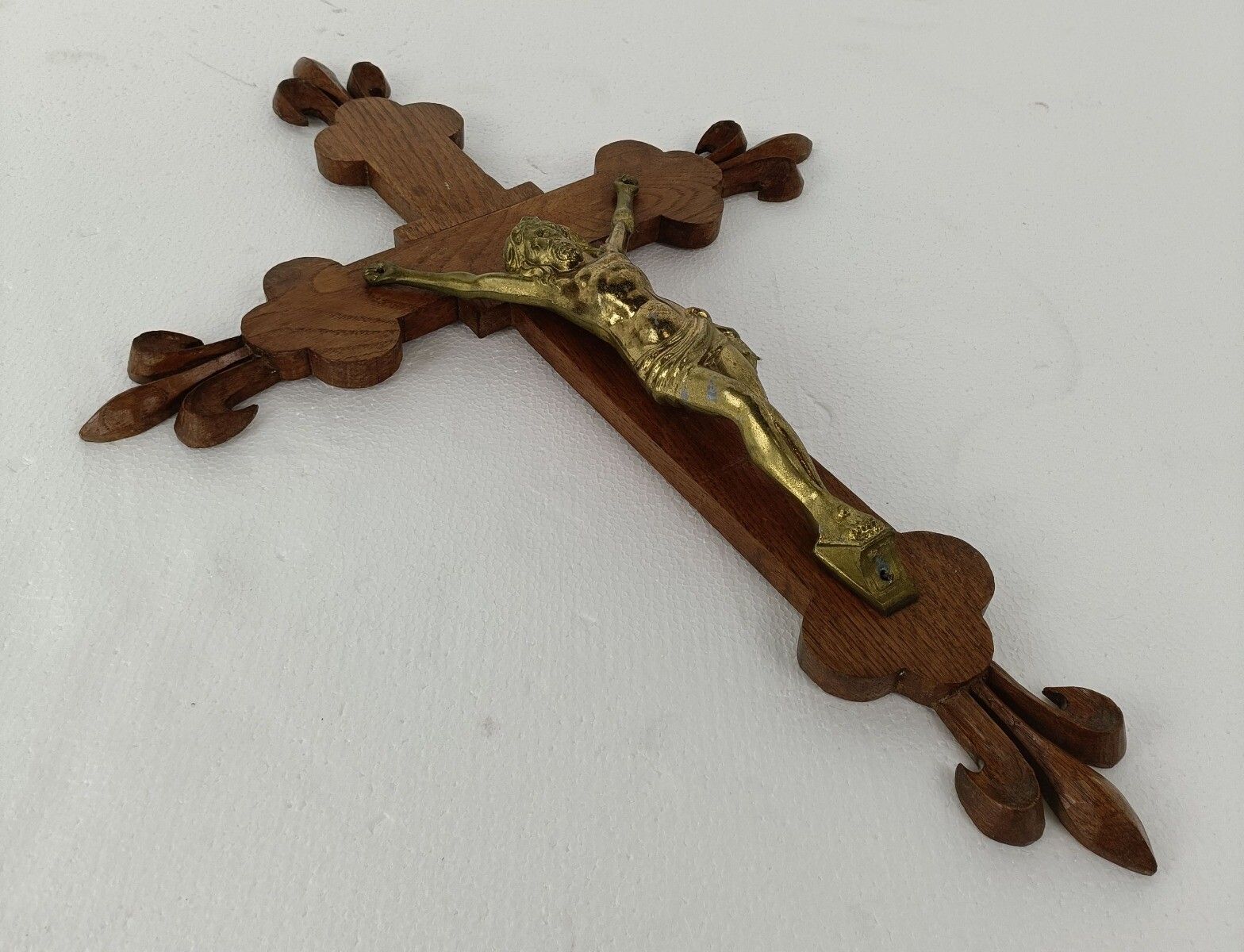 Xl Hand Carved Wood French Hanging Ornate Crucifix Jesus Christ Fleur De Lis Spe photo vinterior