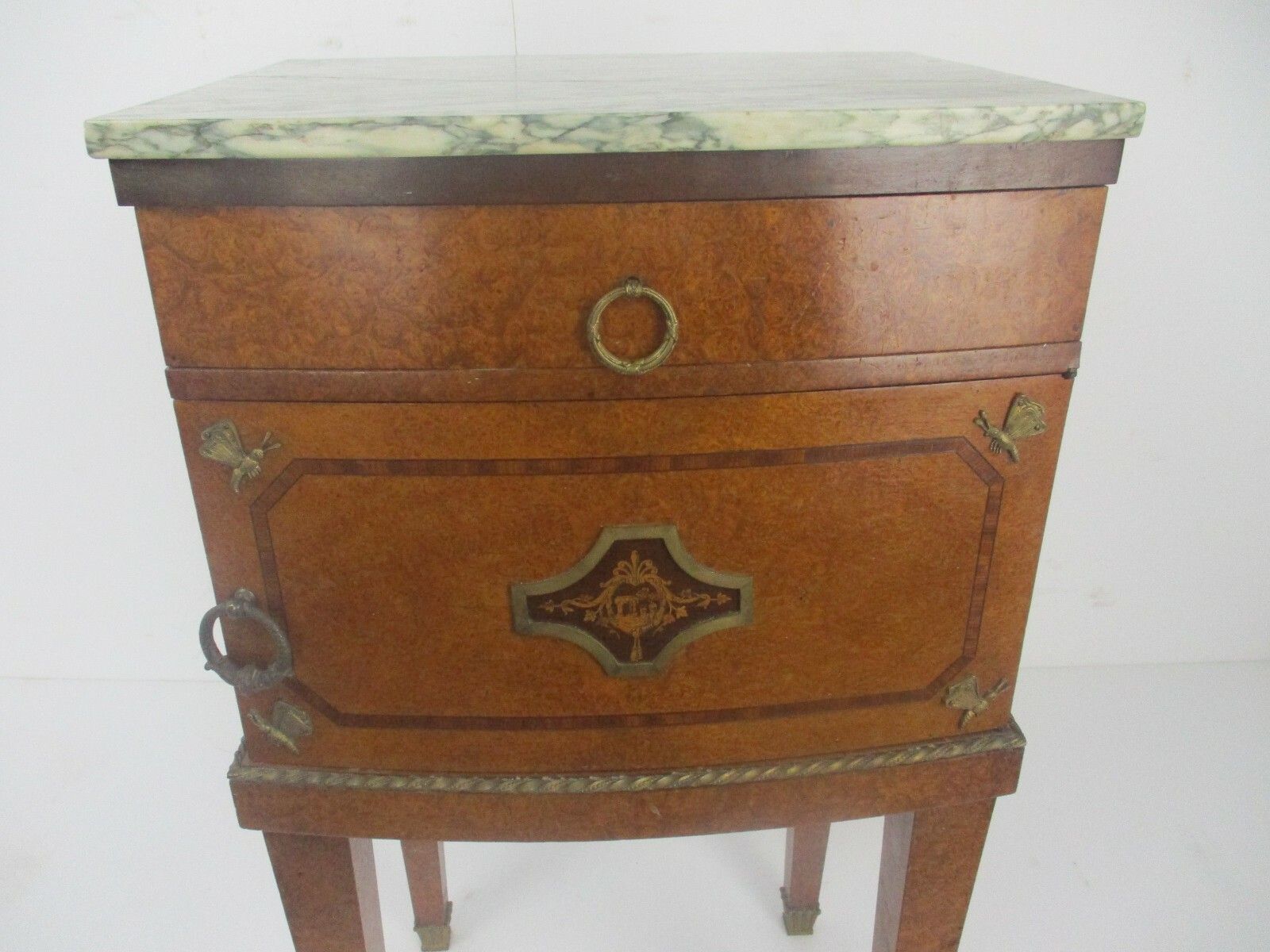 Cabinet Side Table Night Stand Queen Anne Style Wood Marble Inlay Butterflies photo furniture
