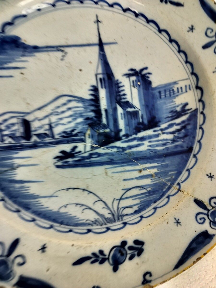 Antique 19th Century Large  Delft Wall Hanging Charger Plate Blue White Church photo furniture