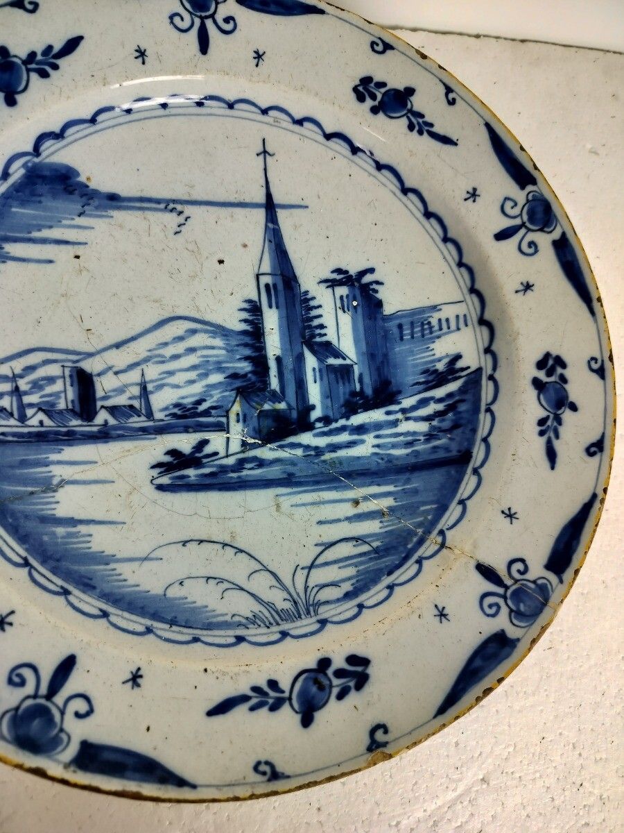 Antique 19th Century Large  Delft Wall Hanging Charger Plate Blue White Church photo buy