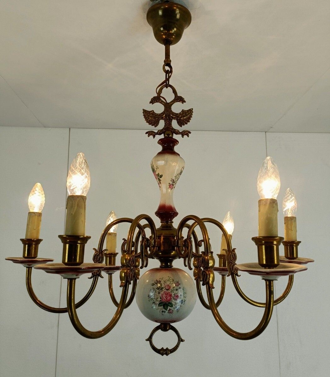 photo furniture Flemish  Chandelier Style 6 Arm Lights Porcelain Flower Pattern Country  Barn St