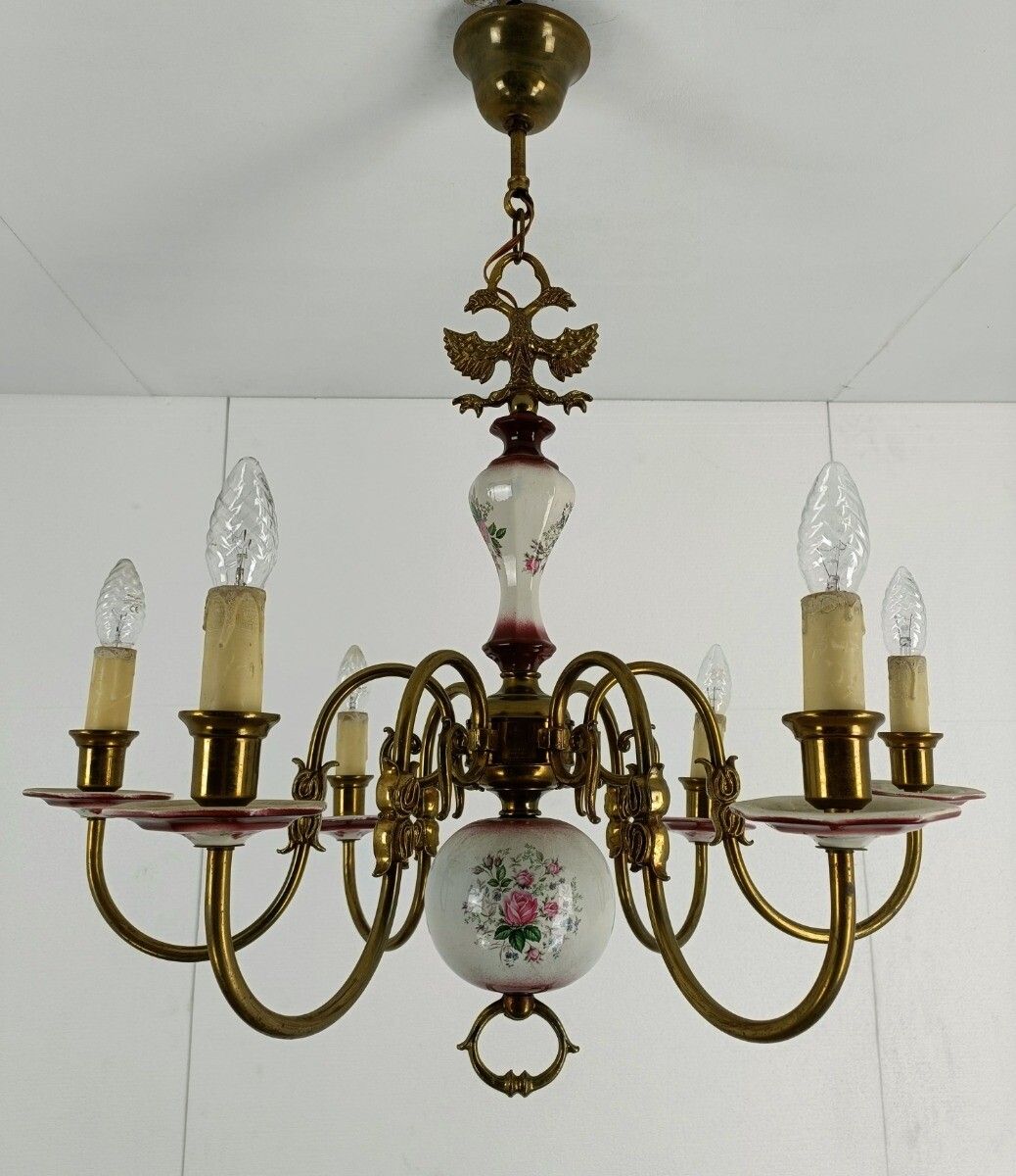 photo for sale Flemish  Chandelier Style 6 Arm Lights Porcelain Flower Pattern Country  Barn St