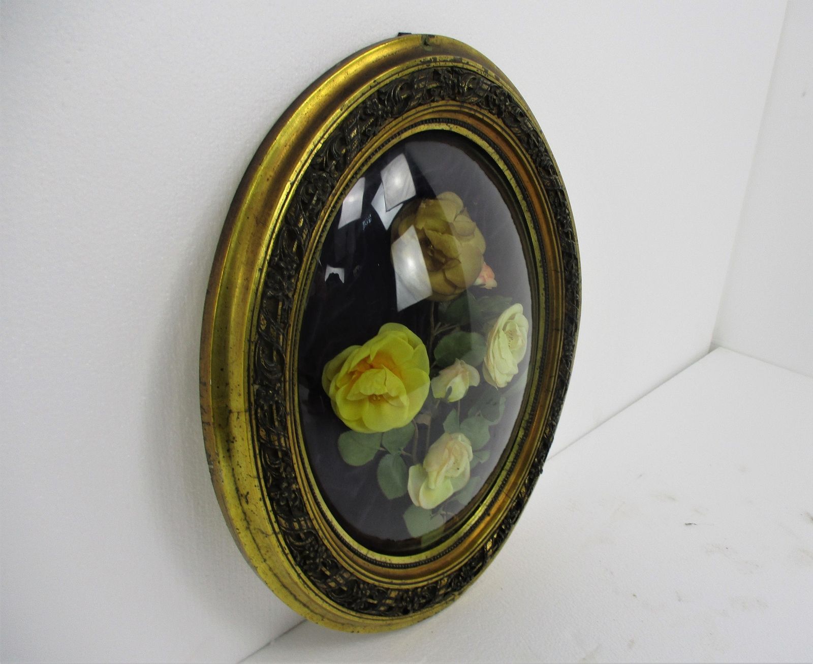 Oval Ornate Wooden Frame Convex Glass Yellow Flowers Large Beautiful Mid Century photo for sale