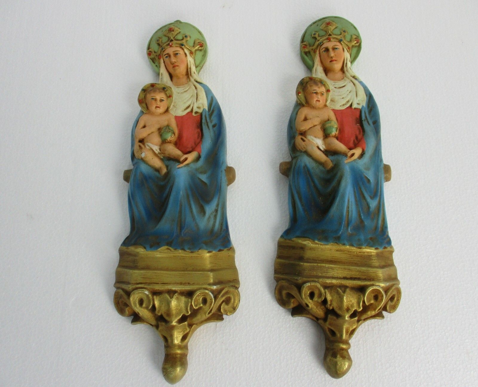 Plaster Wall Plaque Virgin Mary Madonna Holy Mother Infant Jesus Polychrome 20s photo vinterior