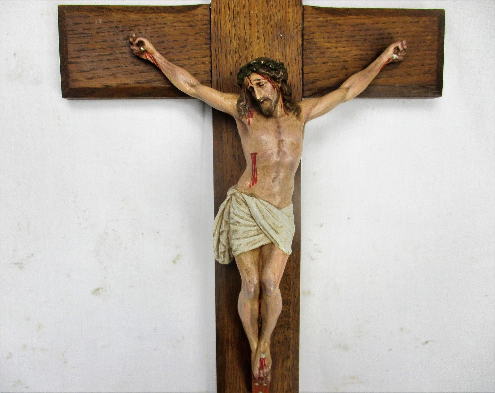 Gorgeous Oak Hanging Crucifix Jesus Christ Plaster Sculpture Corpus Crucifixion photo for sale
