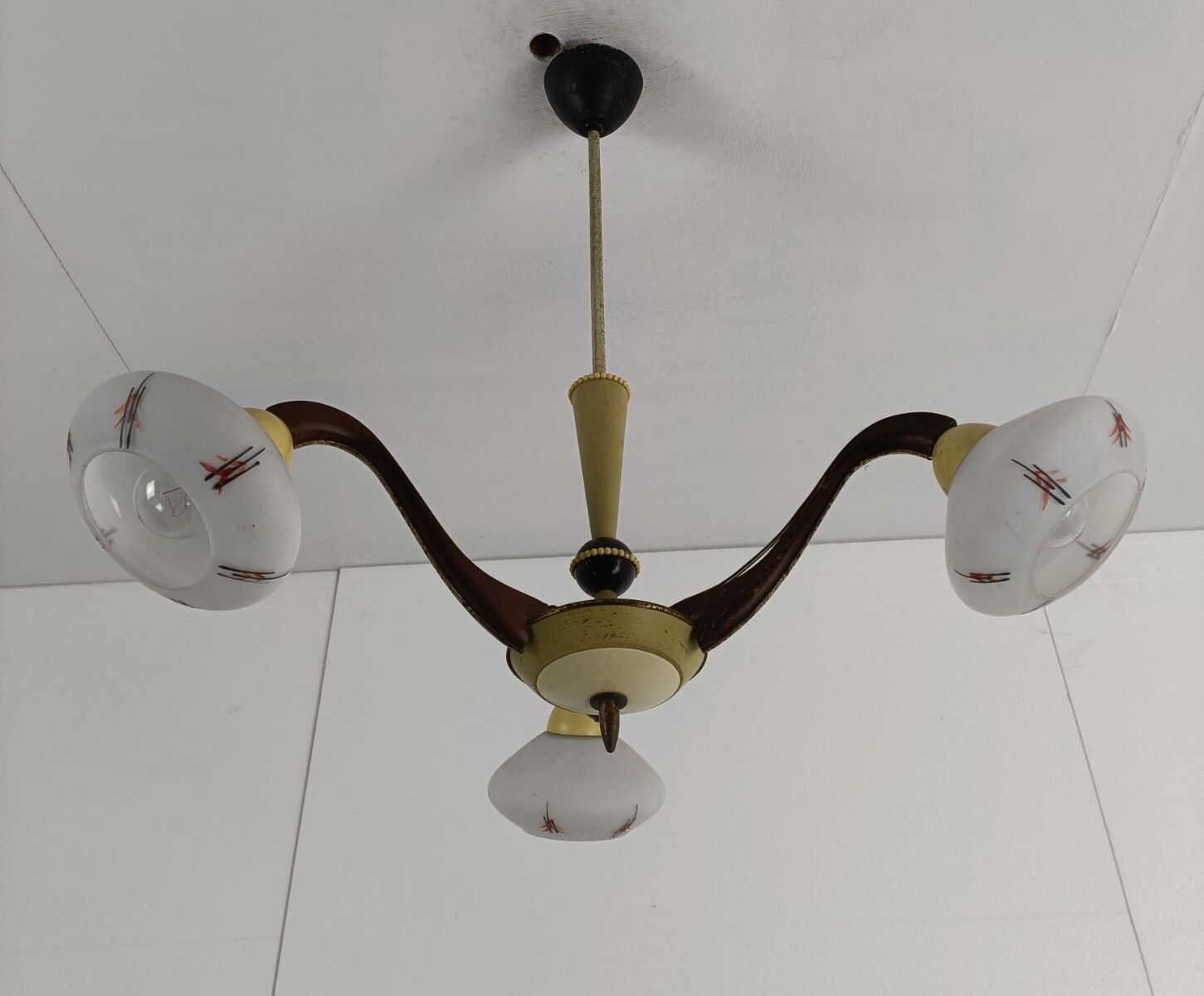 Vintage 3 Arm Lights Chandelier Metal Wood Brass Pop Art Retro photo Lighting