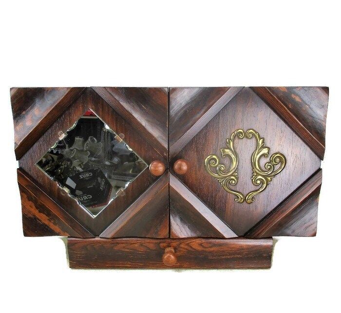 Large Apothecary Bathroom Medicine Kitchen Cabinet Wood Art Deco Cut Glass