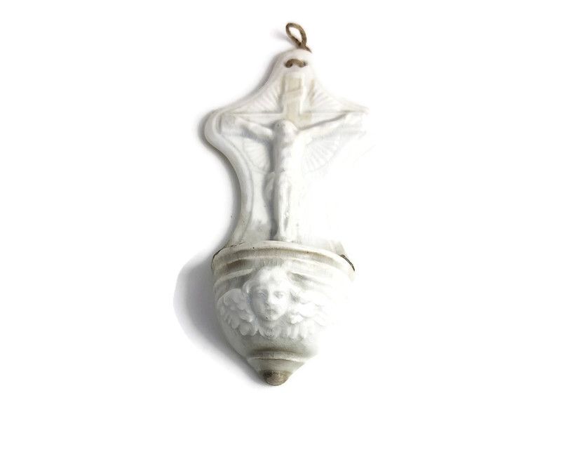 Antique Vessel Holy Water Font Bisque Porcelain Jesus Crucifixion Angel Gorgeous