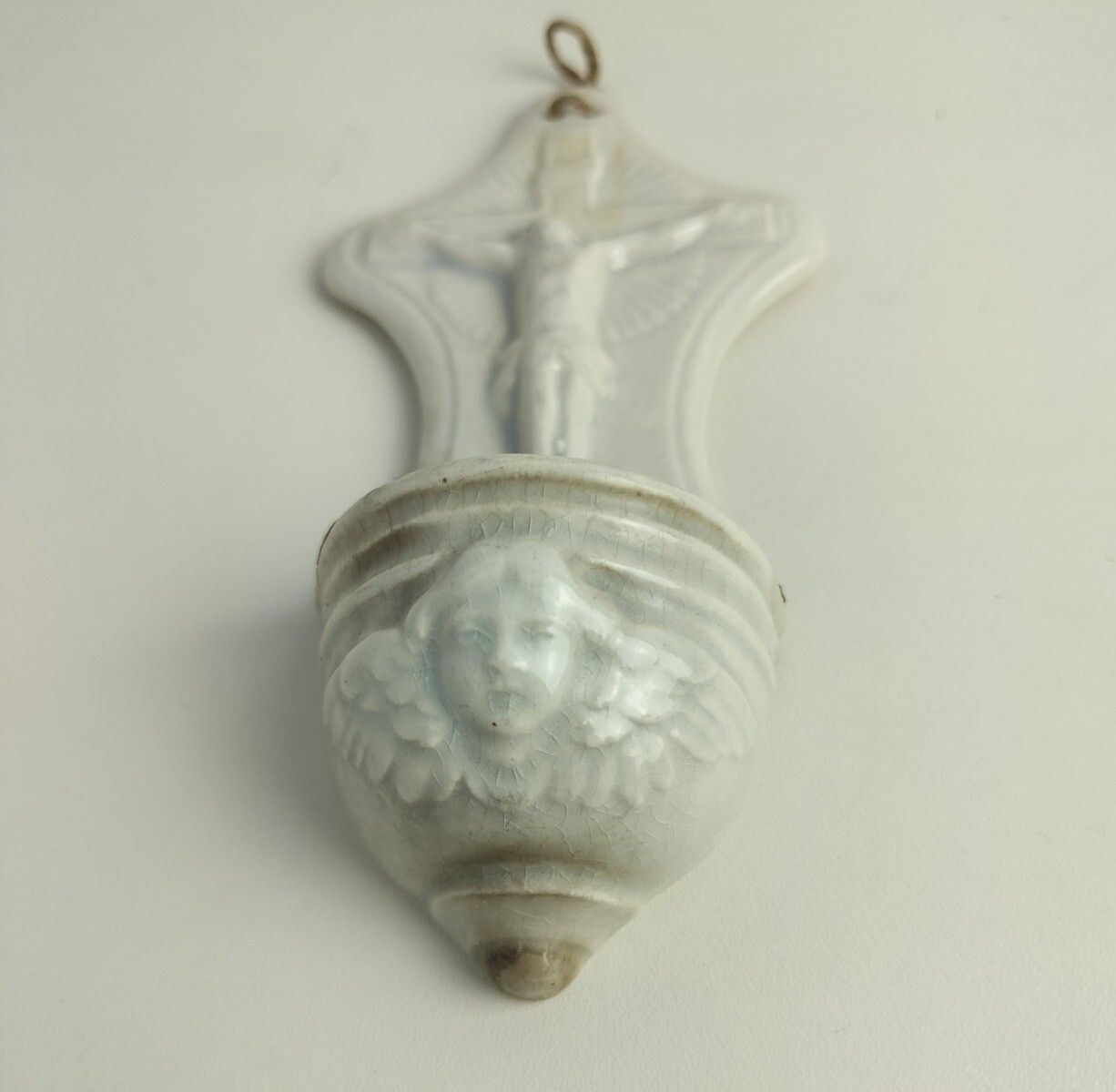 Antique Vessel Holy Water Font Bisque Porcelain Jesus Crucifixion Angel Gorgeous photo furniture