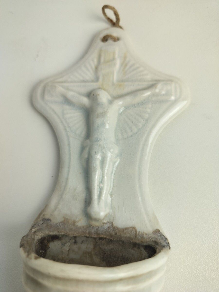 Antique Vessel Holy Water Font Bisque Porcelain Jesus Crucifixion Angel Gorgeous photo for sale