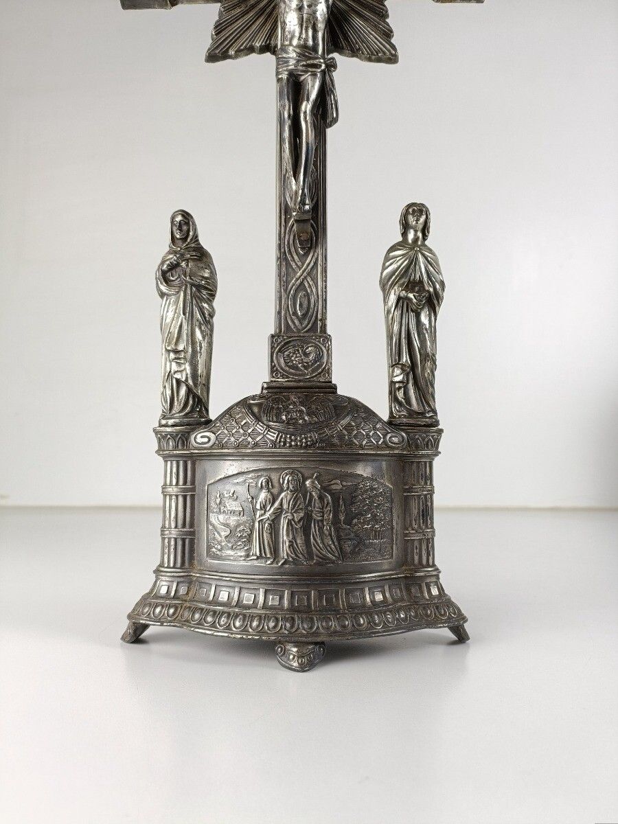 Standing Crucifix Cross Vintage Spelter Calvary Emmaus Goers Very Rare Crucifixi photo for sale