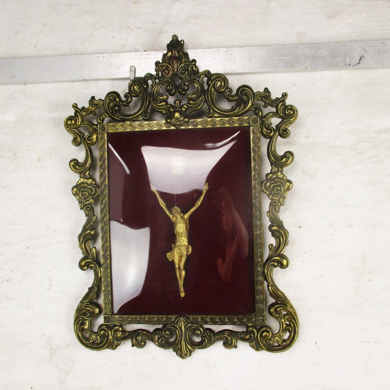 Art Deco Oval Ornate Brass Frame Red Velvet  Convex Glass Christ Crucifix  Htf photo furniture