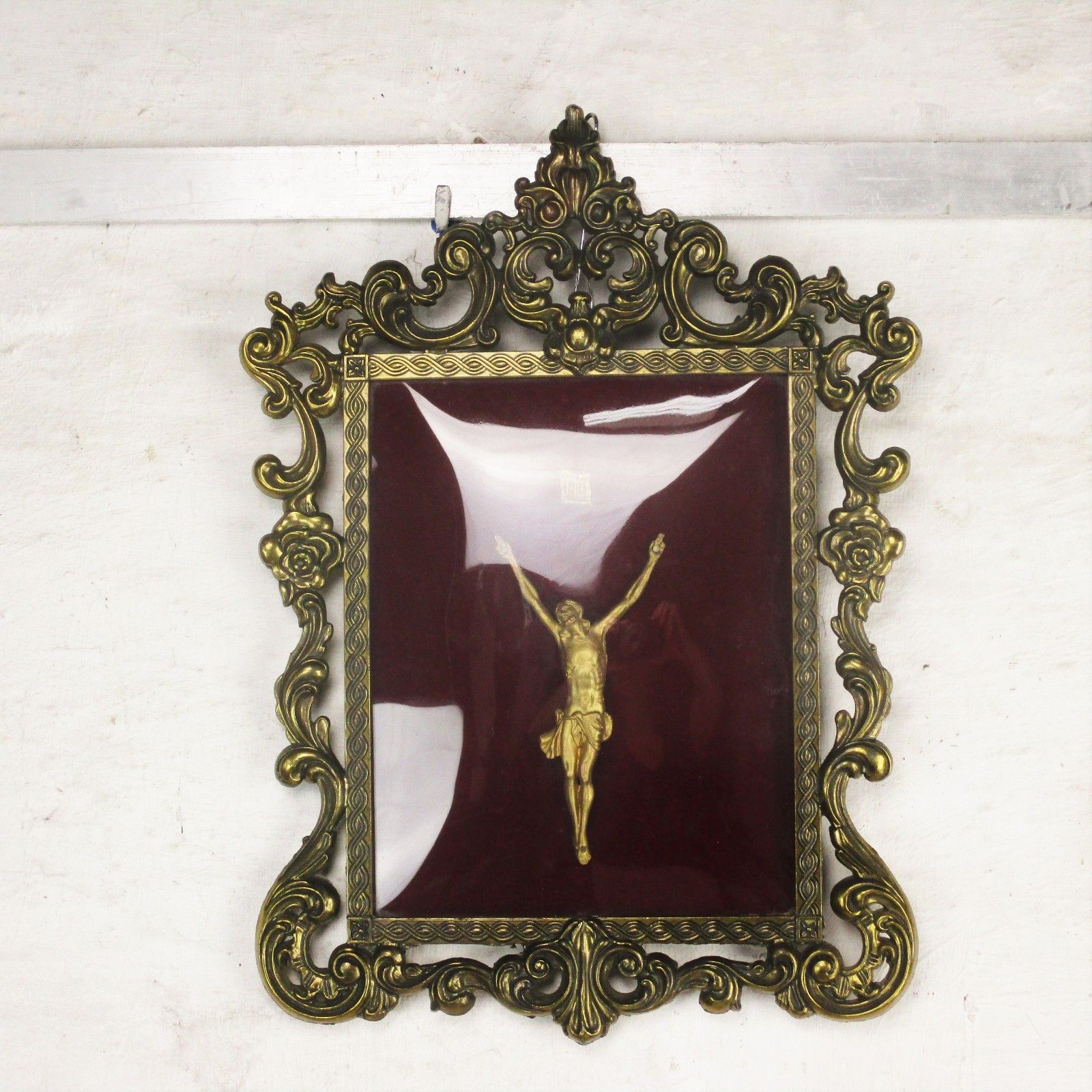 Art Deco Oval Ornate Brass Frame Red Velvet  Convex Glass Christ Crucifix  Htf photo for sale