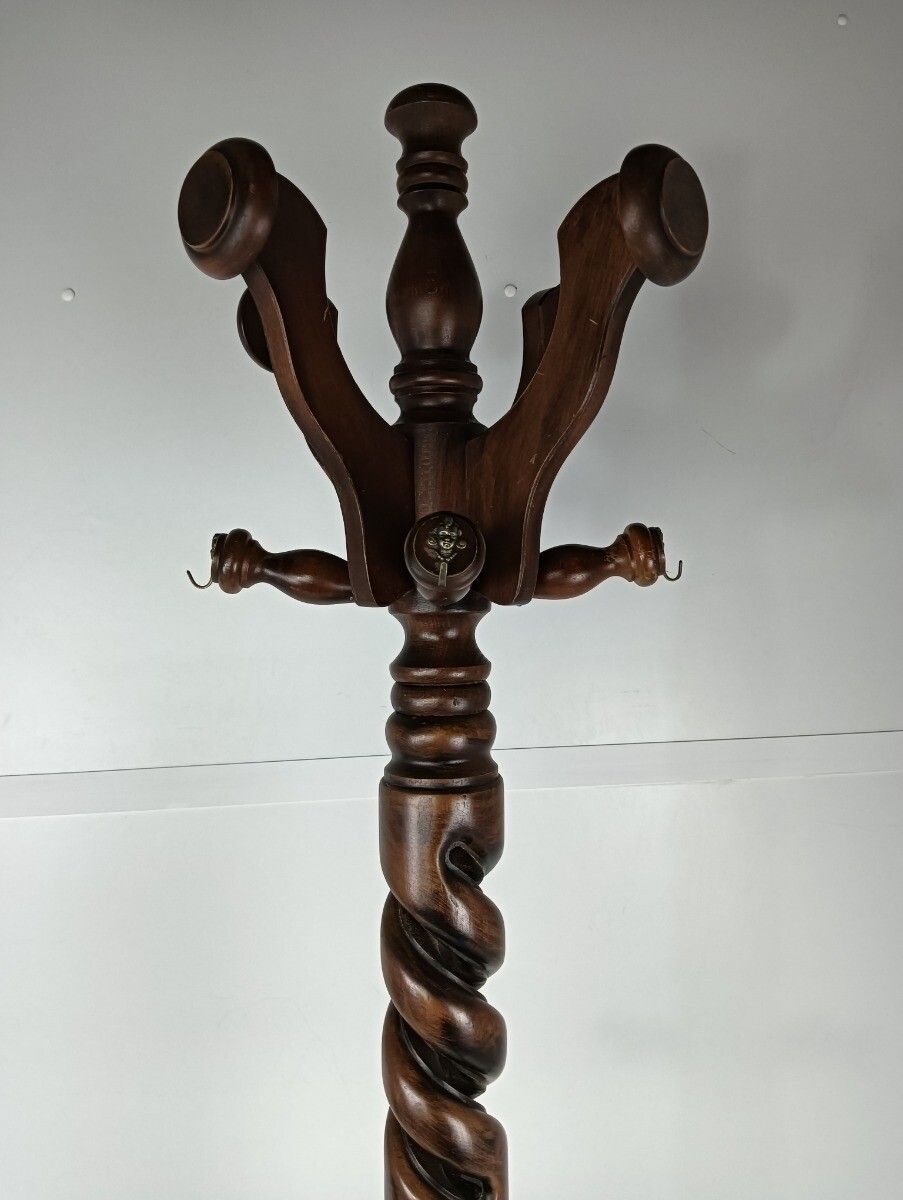 photo furniture Standing Hall Tree Open Barley Twist Coat Hallway Rack Wood Vintage Barn Farmhou