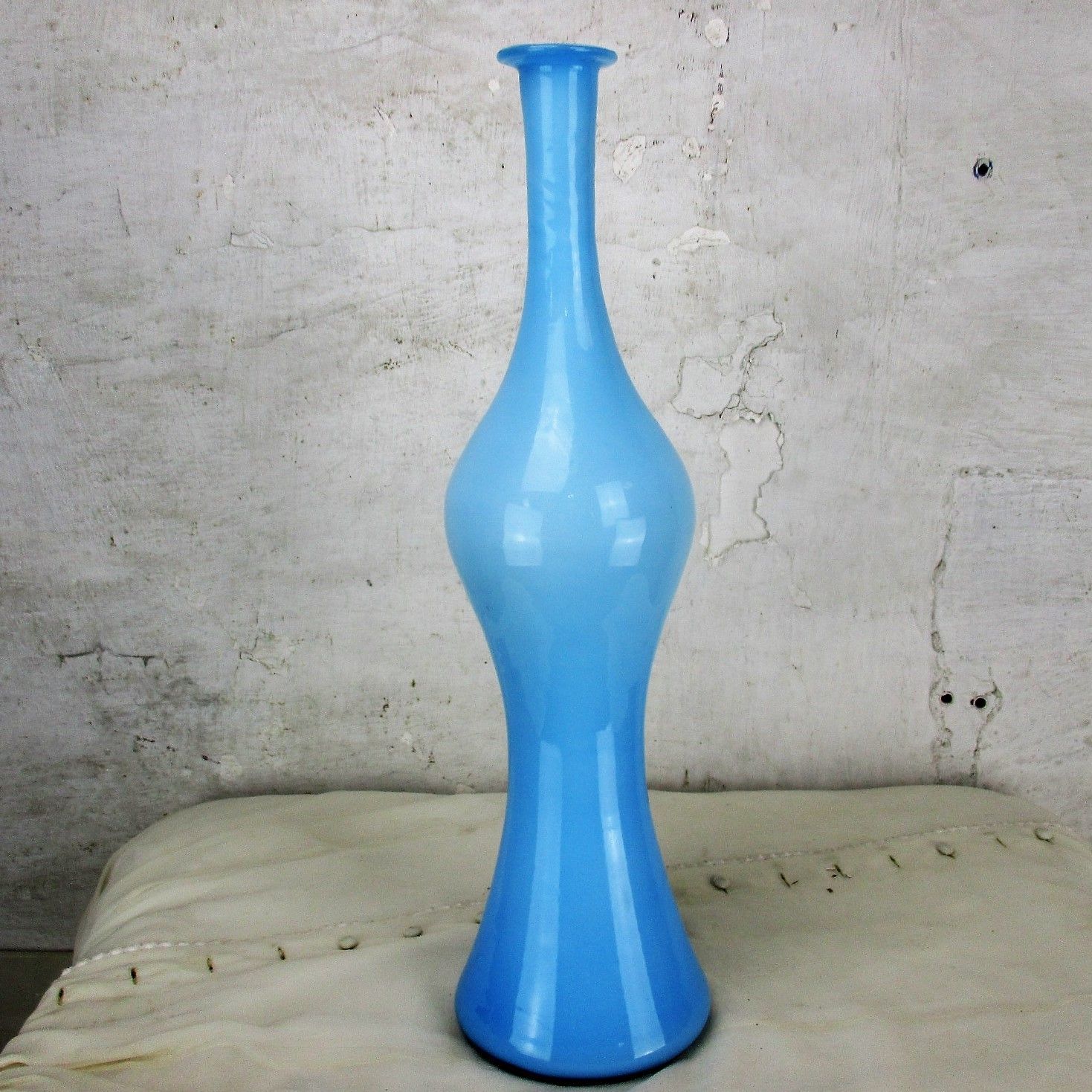 Vintage Xl Glass Genie Bottle  Vase Special Shape Azzurro Blue Bulb Bottle