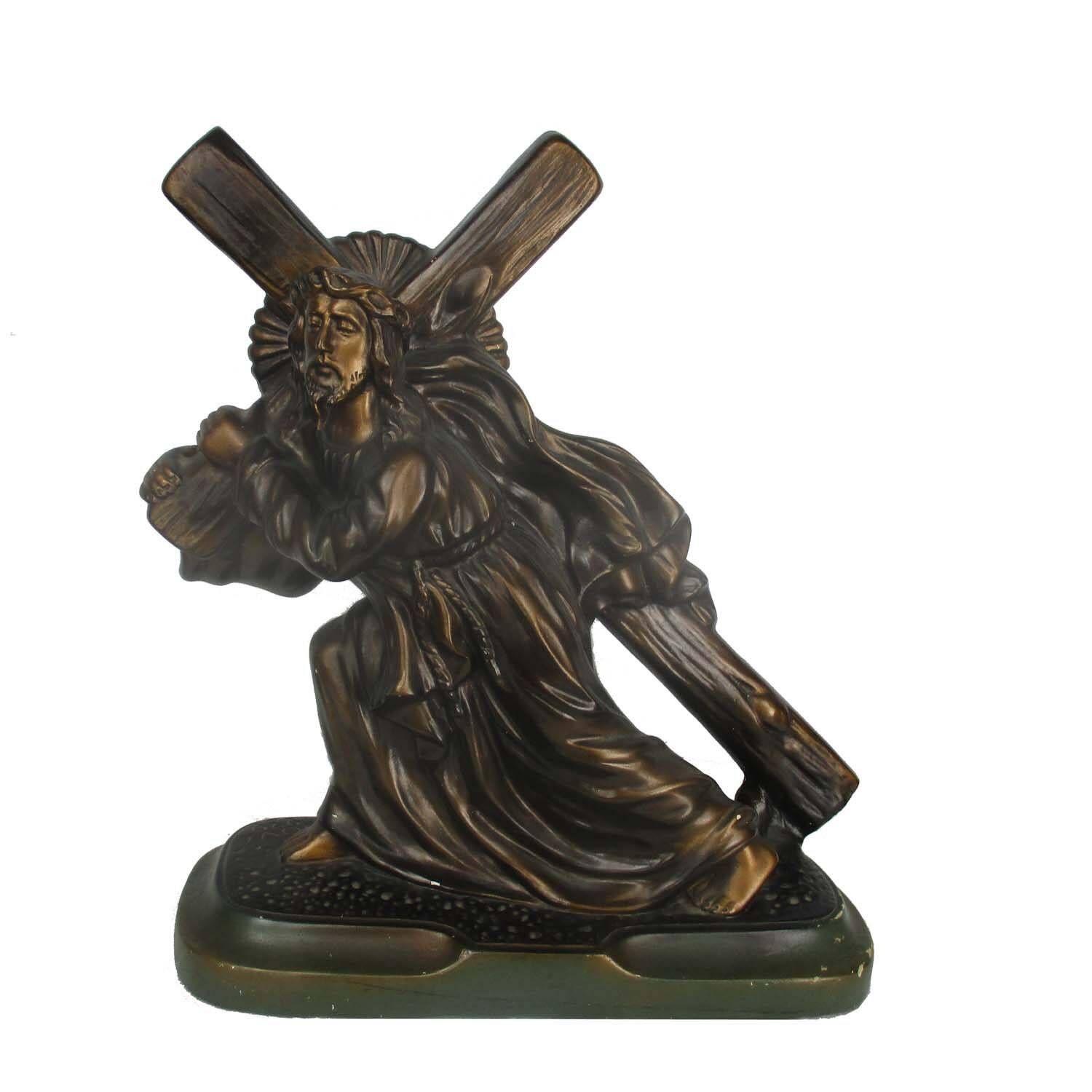 Large Plaster Antique Jesus Christ Statue Carrying Cross Crucifix Signed Arnove