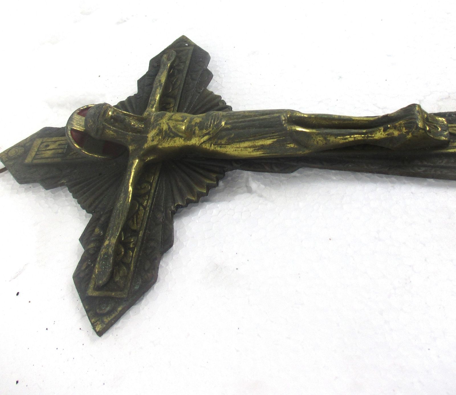 Lovely Vintage Ornate Brass Red Enamel Wall Hanging Crucifix French 11.41" photo for sale