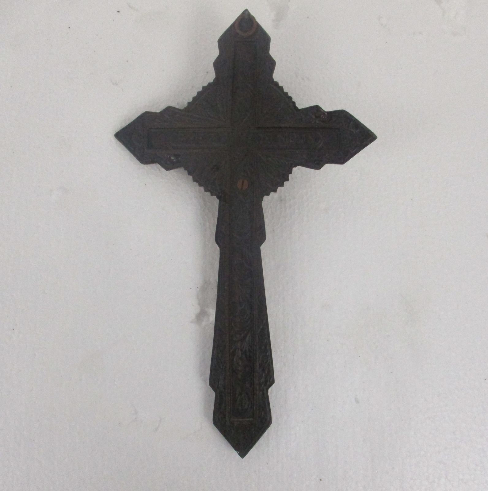 Lovely Vintage Ornate Brass Red Enamel Wall Hanging Crucifix French 11.41" photo Art