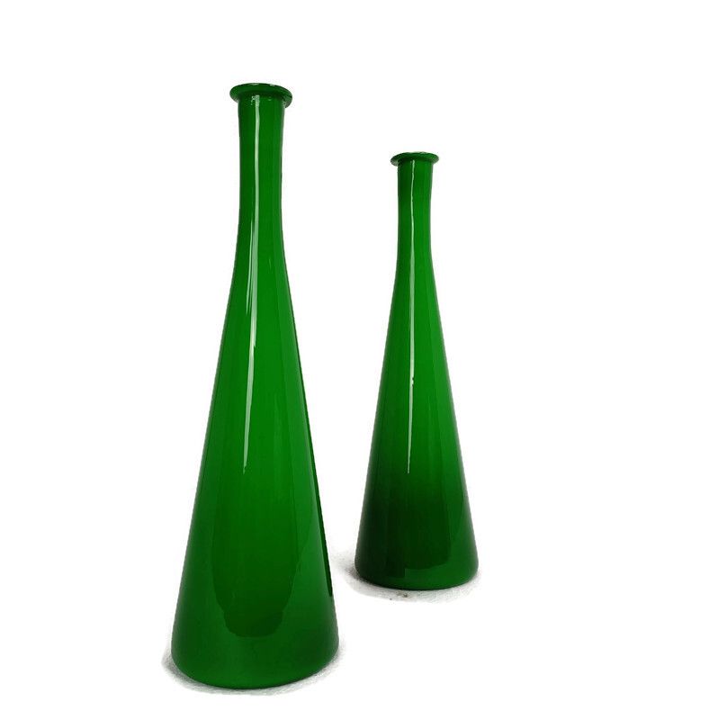 Holmegaard Denmark Cased Glass Bottles Vases Green White Collector Pair Marked