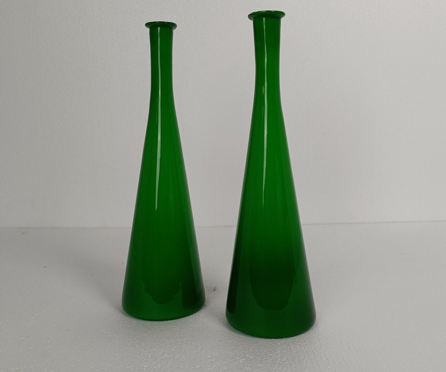 Holmegaard Denmark Cased Glass Bottles Vases Green White Collector Pair Marked photo furniture