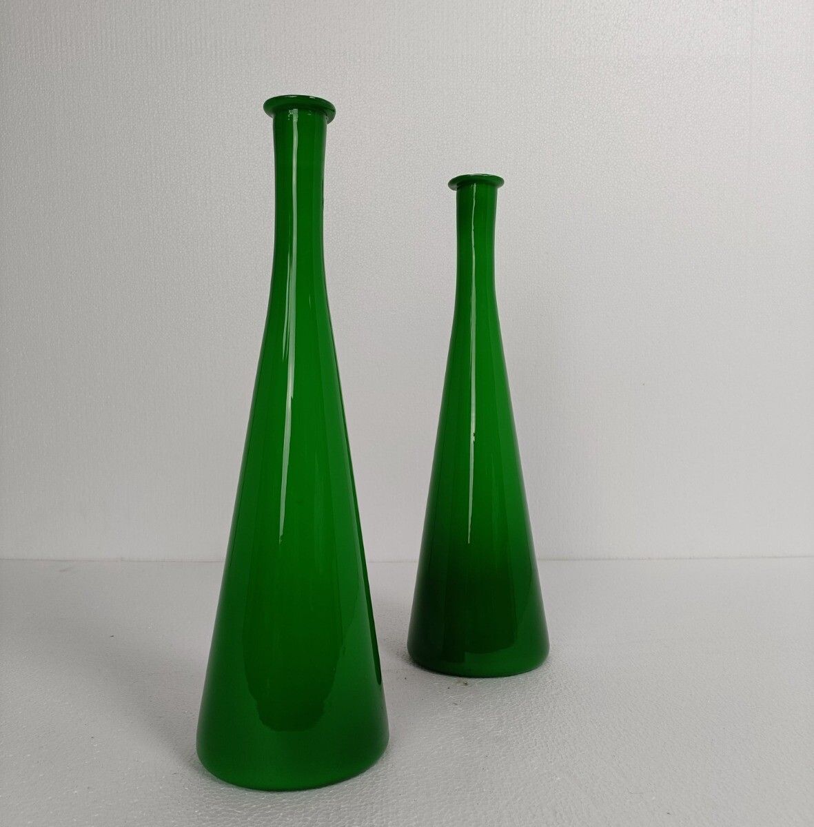 Holmegaard Denmark Cased Glass Bottles Vases Green White Collector Pair Marked photo vintage
