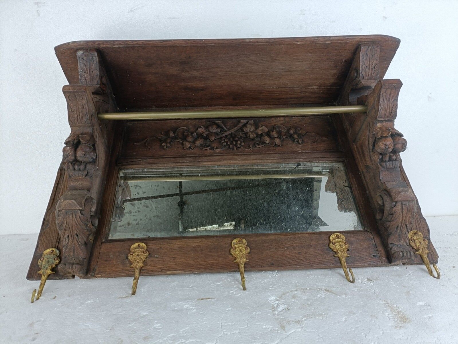 Antique Coat Rack Hat Rack Kitchen Rack Ornate Carved Wood Huge With Mirror photo vintage