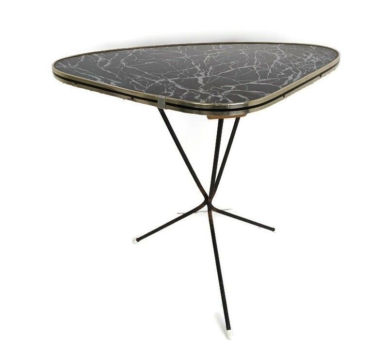 Lovely Small Side Occasional Table Iron  Legs Marble Look Top Modernist Vintage