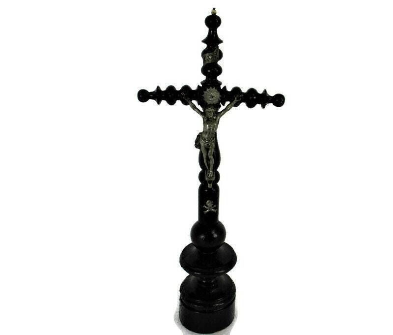 Antique Dark Carved Wood Table Standing Crucifix Round Base Spelter Corpus Bobbi